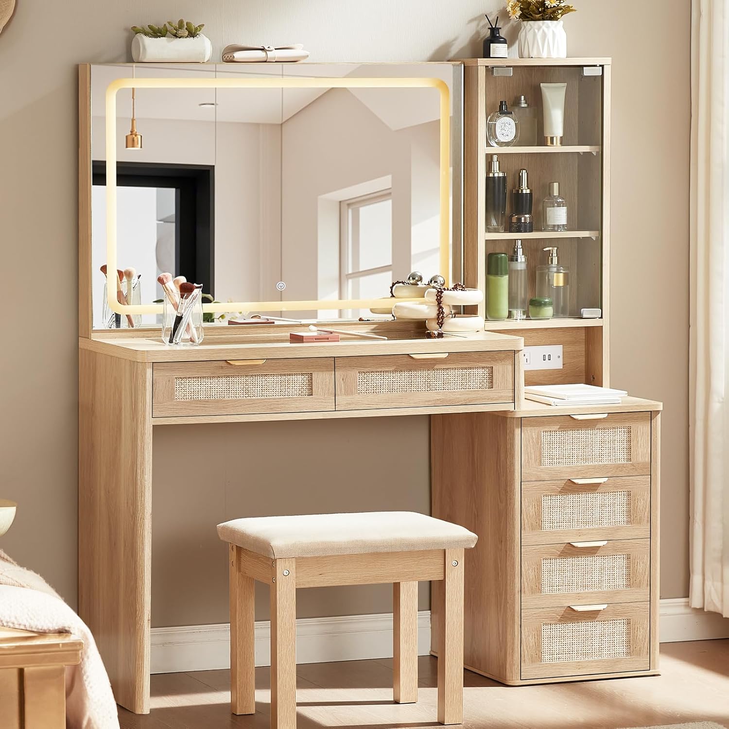 LEYAOYAO Fluted Makeup Vanity Desk with Mirror and Lights, 43.5'' Blue Vanity Table with Glass Top and Power Outlet, Make Up Vanity with 6 Drawers and Adjustable Shelves for Bedroom