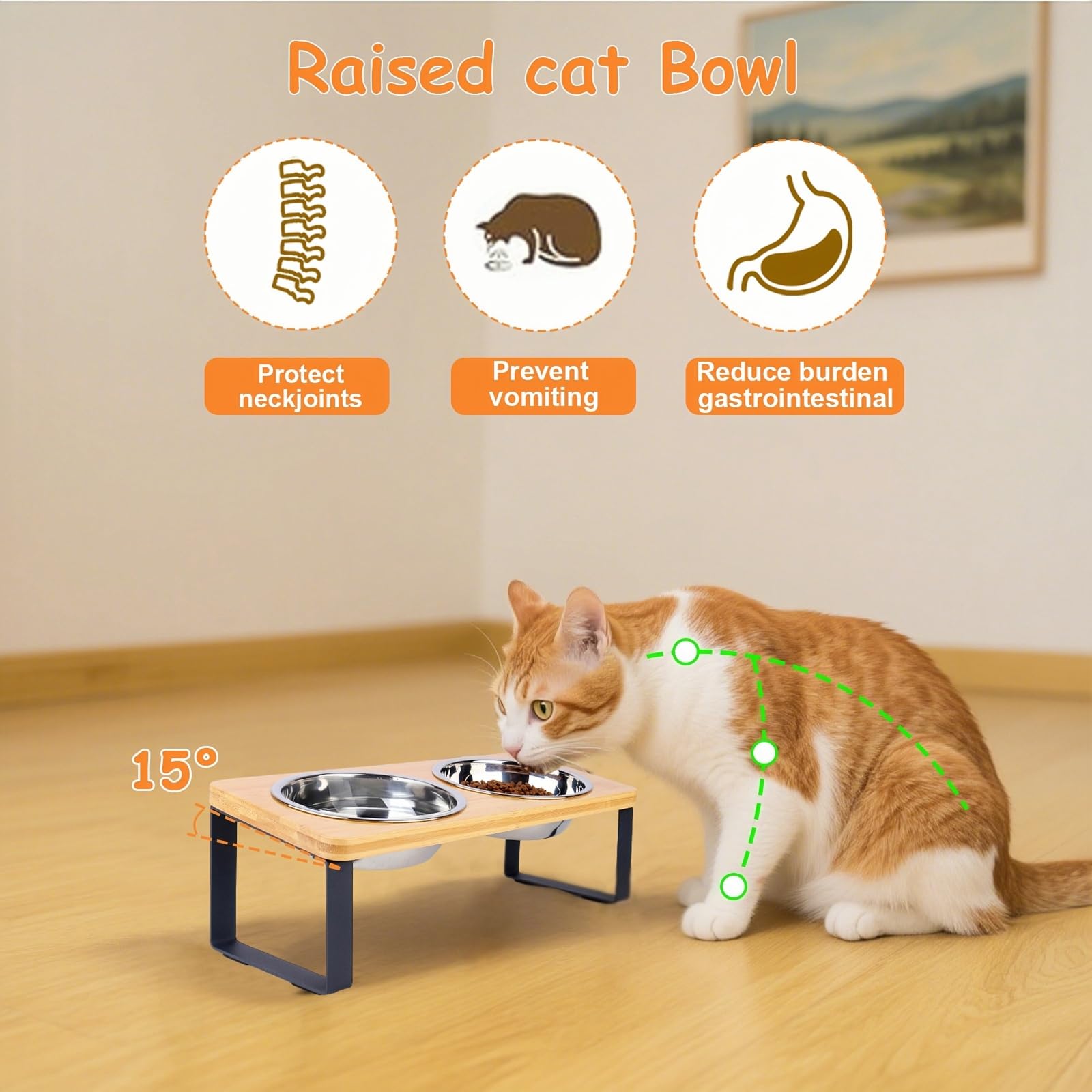 Cuencos elevados para gatos, soporte elevado para gatos con cuencos de acero inoxidable de 16 onzas, comedero antideslizante para gatos y cachorros, cuencos elevados inclinados de 15° para mascotas,