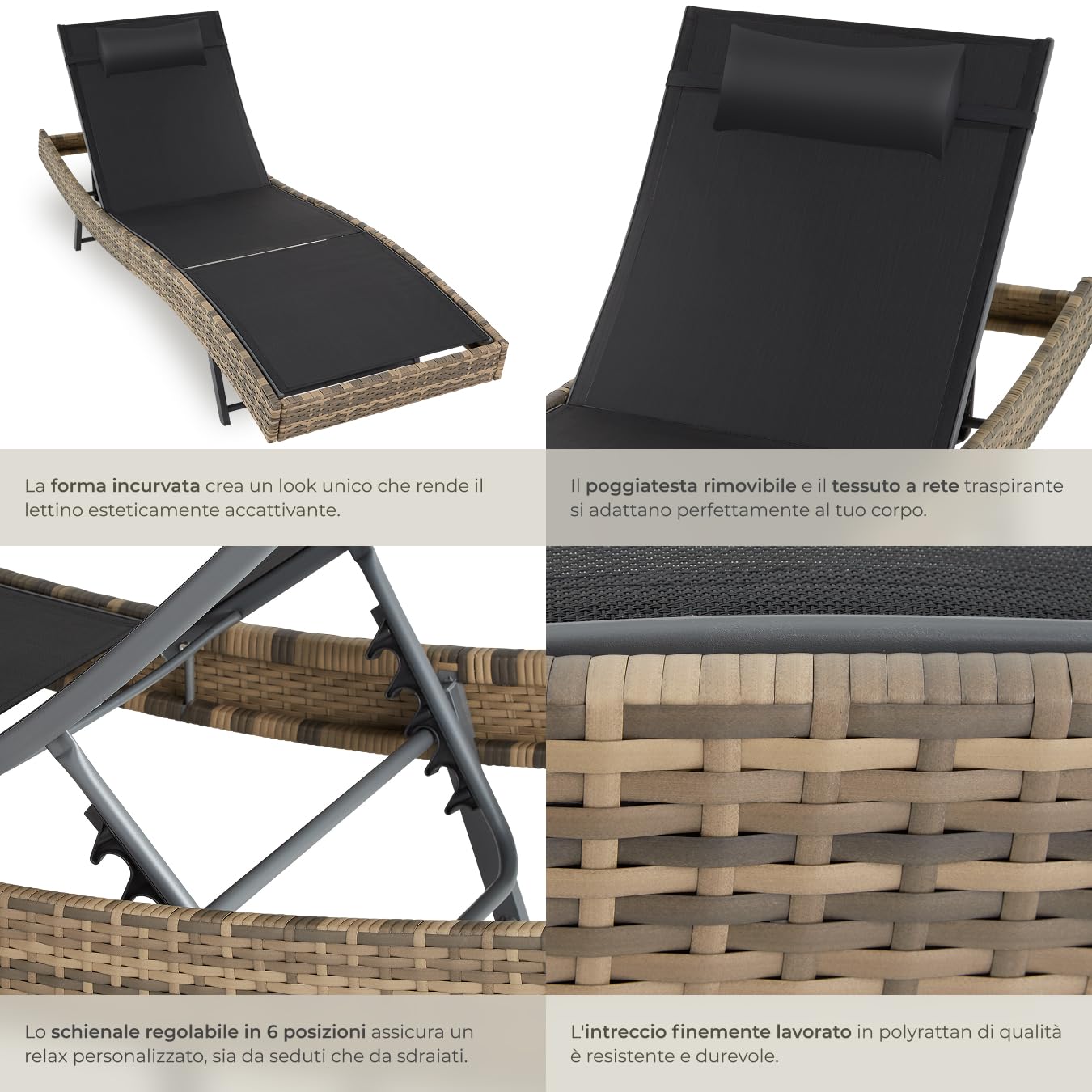 tectake® Sdraio in Rattan, Sdraio da Esterno Regolabile in 6 Posizioni, Traspirante, Telaio in Acciaio, Antiscivolo e Antigraffio, Cuscino Poggiatesta Incluso - Naturale