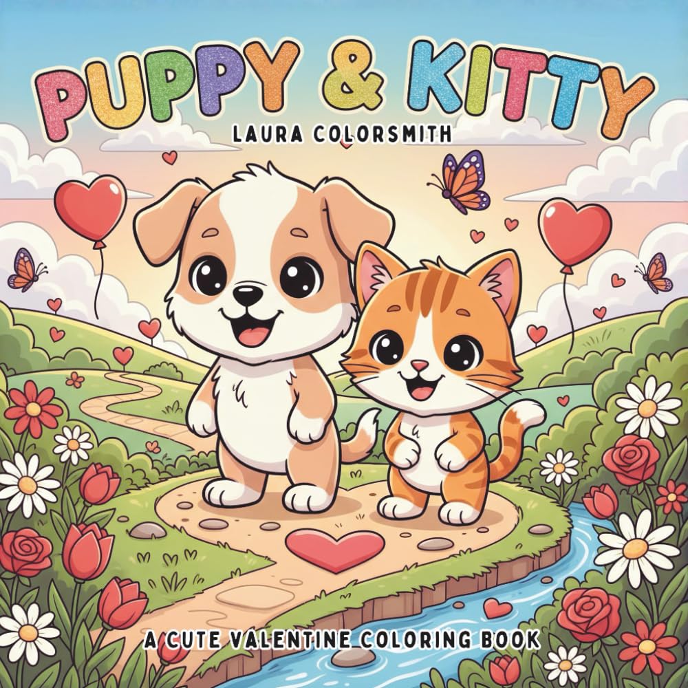 Puppy & Kitty - A Cute Valentine Coloring Book: Adorable Valentine Animal Scenes with Kittens, Puppies & Sweet Love Moments for Little Kids (Coloring book for Valentine)