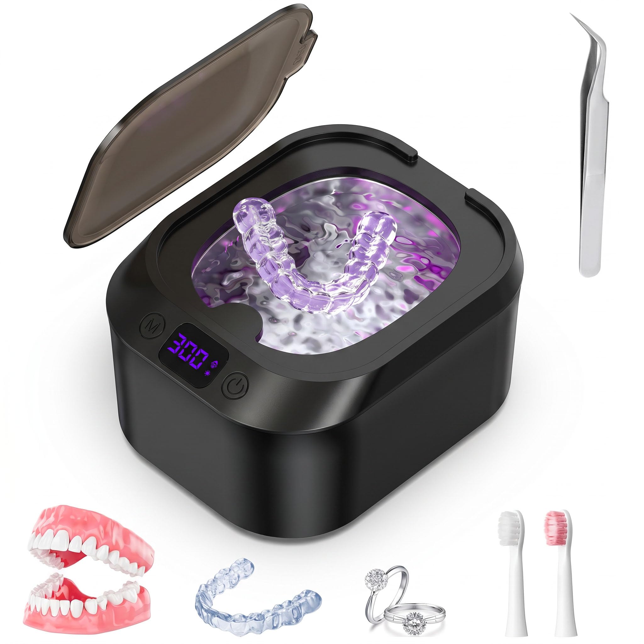 Limpiador ultrasónico de retención, limpiador ultrasónico U-V de 48 kHz para aparatos dentales, protector bucal, aparatos ortopédicos, cepillo de dientes, 220 ml, portátil, de acero