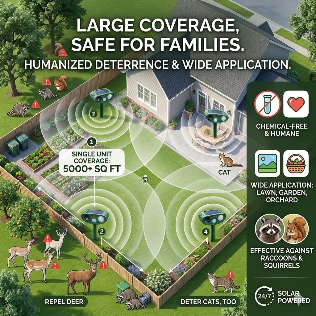 2Pack Sonic Fortress Pro Deer Repellent Solar Ultrasonic Animal Repellent Outdoor with Motion Detection&Flash Light Squirrel Fortress Pro Keep Cat Raccoon Rabbit Away for Vegetable Garden Yard Lawn