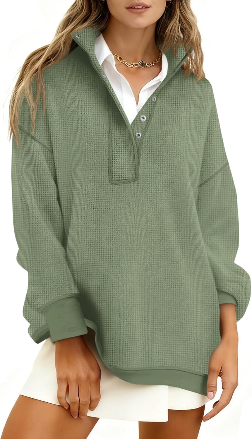 Fisoew Womens Waffle Knit Oversized Sweatshirt Casual Snap Stand Collar Long Sleeve Pullover Tops Fall Travel Outfits