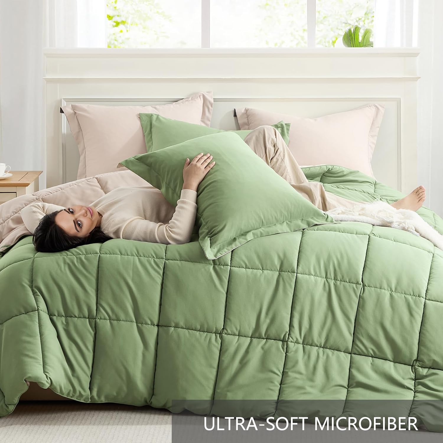 Homelike Moment Queen Comforter Set Sage Green, Comforters Queen Size Set, Soft Lightweight Down Alternative Bed Comforter Full Size Reversible All Season 3 Piece Sets Sage Green/Beige - Image 5