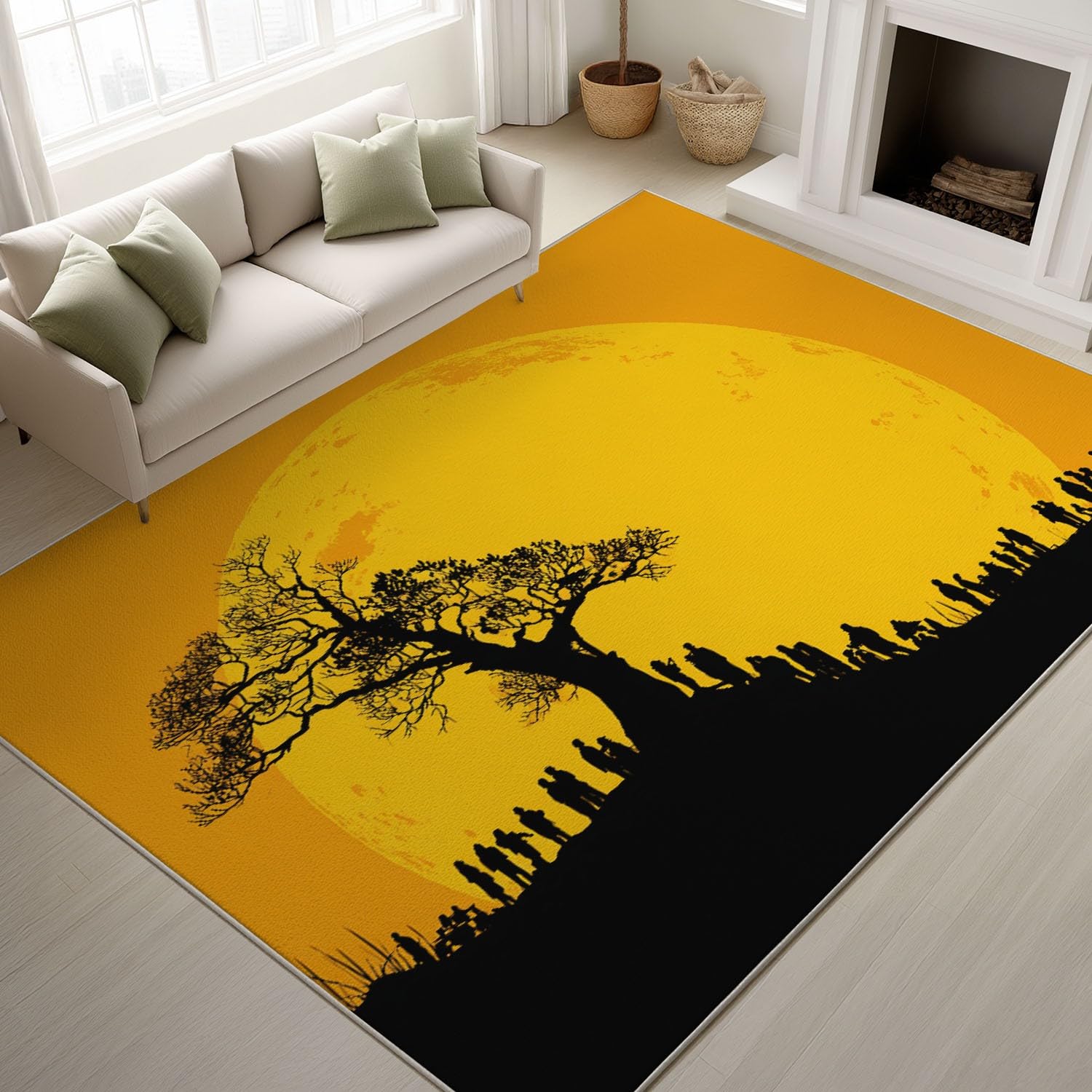 Générique Abstrait Moderne Doux Tapiss Silhouette Minimaliste Imprimé Tapis Lune Jaune Arbres Foule de Lavable Tapis de Antidérapant pour Salon Chambre Bureau 120 x 180 cm