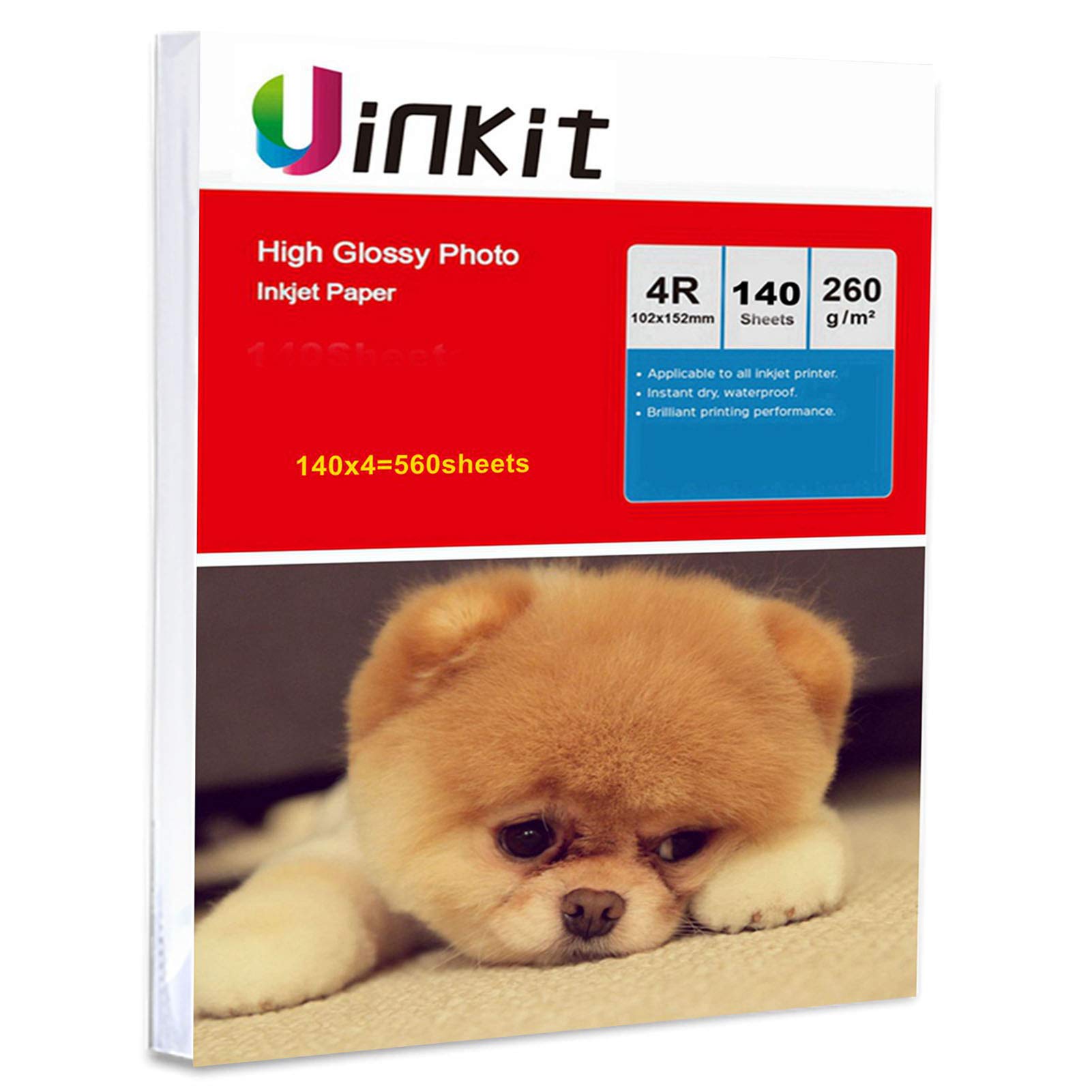Uinkit - Papel fotográfico para impresora de inyección de tinta (10 x 15 x 15 cm, 260 g/m², papel de inyección de tinta de alto brillo, 102 x 152 mm) 260Gsm x 560sheets