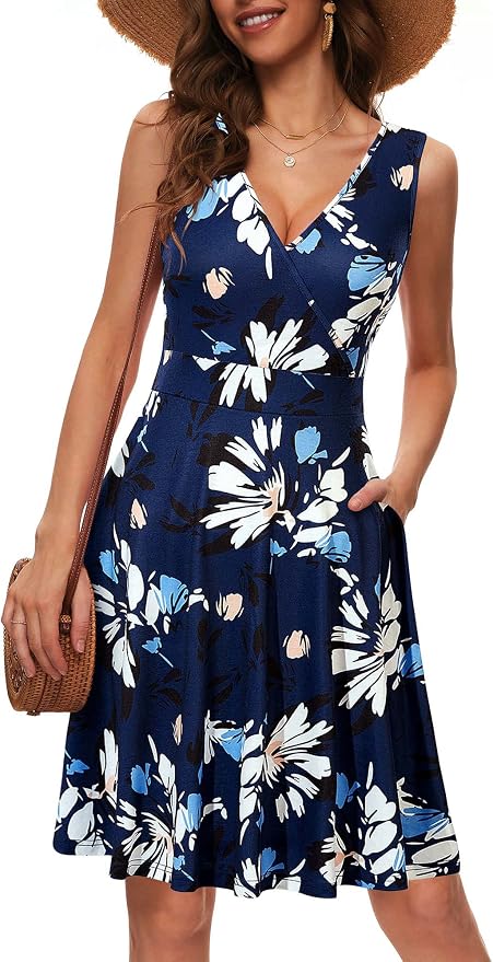 GUBERRY A-Line Dresses for Women Wrap V Neck Floral Empire Waist Pocket Sundress