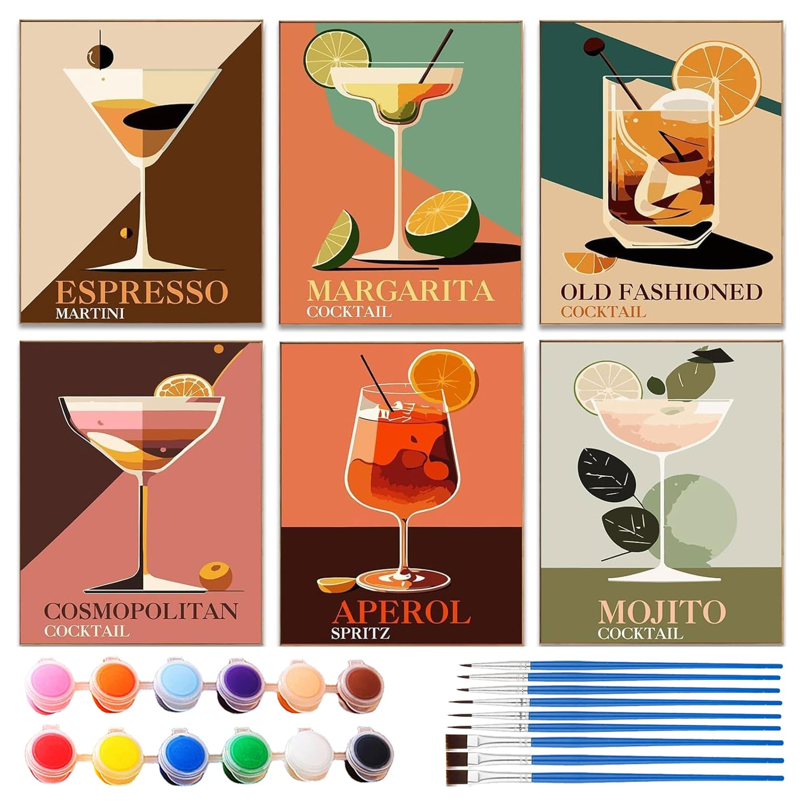 Malen Nach Zahlen Cocktail, Malen nach Zahlen Set, Cocktail-Kollektion, 6 Stück, 15 x 20 cm, Moderne Bar-Mixologie Kunst Serie (Gerahmt, #766-6-teiliges Cocktail-Set （15 * 20cm)