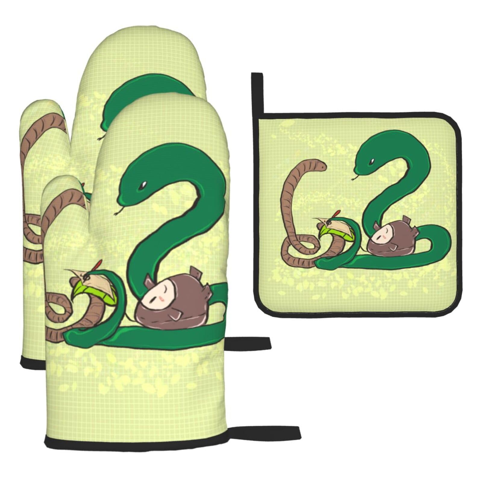 Sunflower seeds earthworm snake Oven mittens and oven mitts three-piece set suitable for oven, grilling, baking, microwave and home cooking.