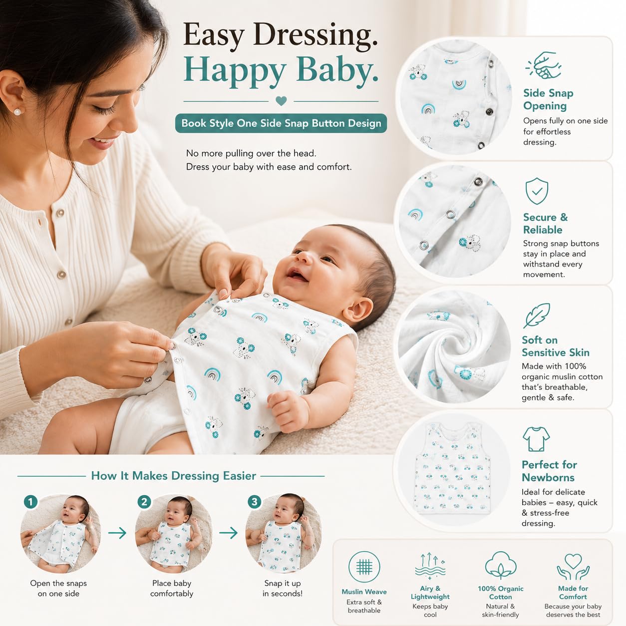 hesheeKids 100% Organic Cotton Newborn Baby Jablas Pack of 4 (0-3 Months) | Soft Muslin Sleeveless Vest with Snap Buttons 1