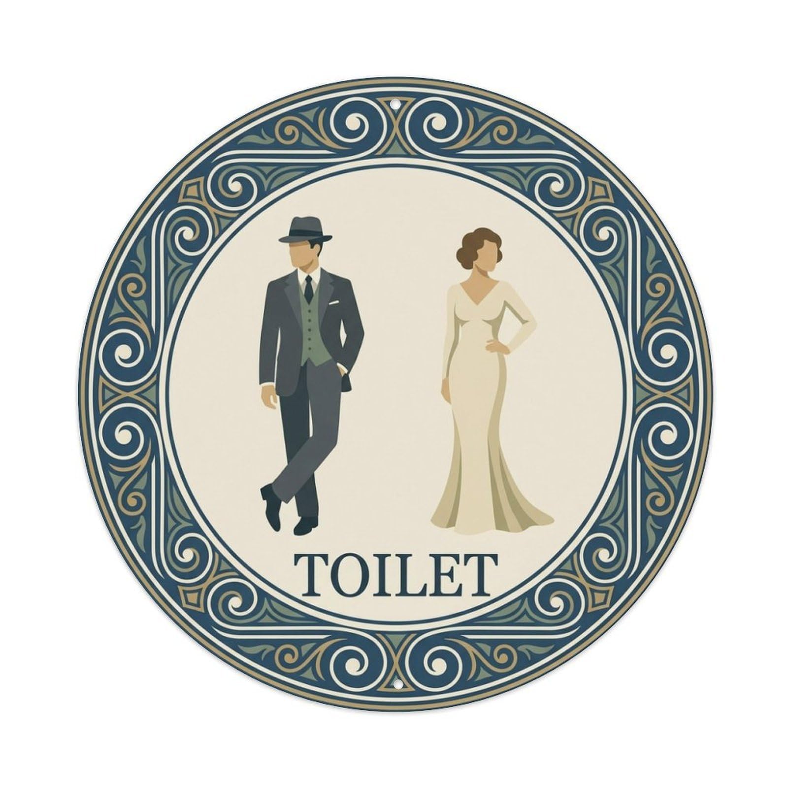 Olhnbad Style Ivory Blue Swirl Frame Restroom Notice Toilet Metal Tin Sign