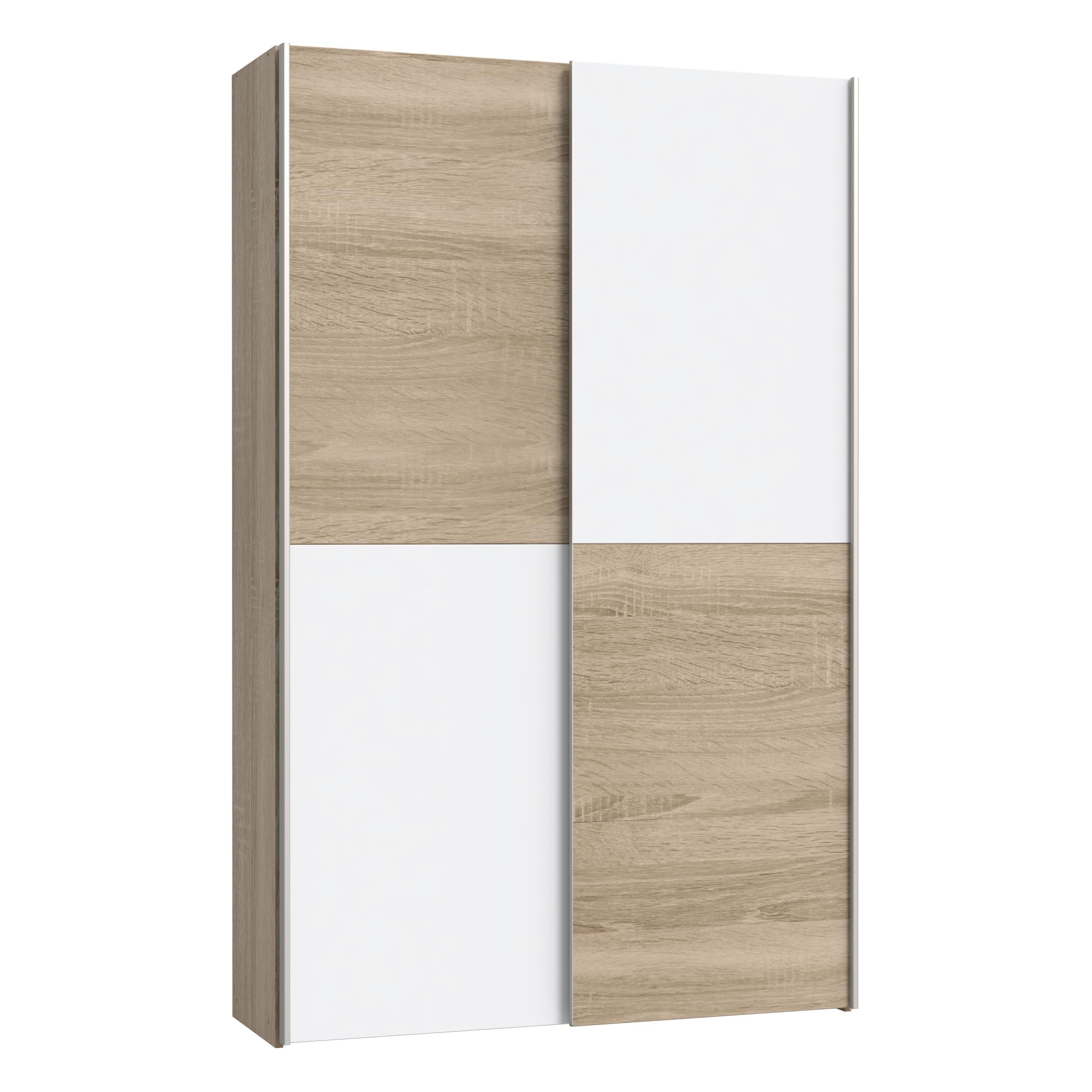 Forte OZZULA Kleiderschrank 120, 2-türiger Schwebetürenschrank, Einlegeböden und Kleiderstange, Holzwerkstoff, Sonoma Eiche Holzdekor, Weiß, 120,1 cm breit, 190,5 cm hoch, 41,6 cm tief