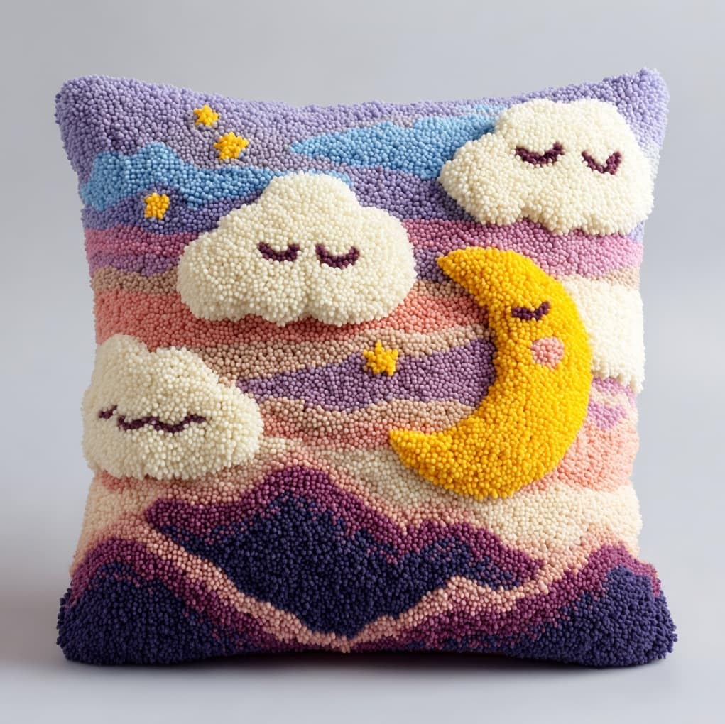 WallustrioaW Latch Hook Cushion Cover Kit,Moon and Clouds,Pillow Case Rug Cover Kids Beginner DIY Needlework Embroidery Kits Handmade Set,17x17in