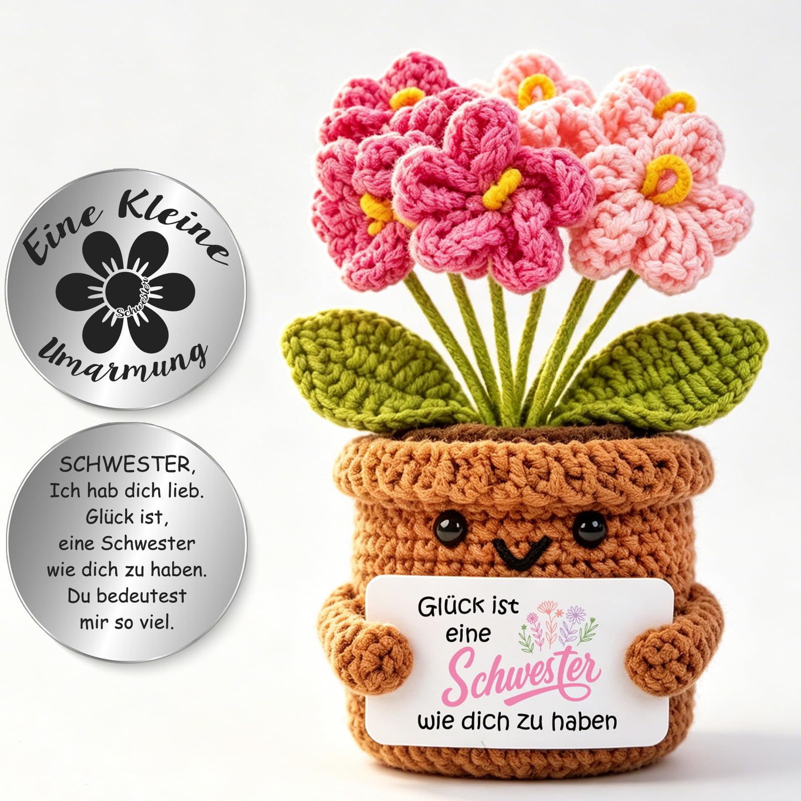 Tixlux Pocket Hug Positive Pflanze, Kreative Strickwolle Pflanze Puppe und Kleine Umarmung Glücksbringer, Mutmacher Geschenk, Gute Besserung Geschenk, Einschulung Geschenk