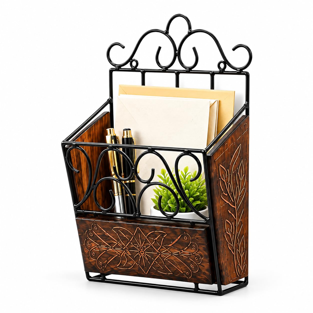 Wooden Magazine Holder with Metal Scrollwork, | Wall Mountable, Floral Carved Panels, Stores Books & Files, Wood & Metal Build, Desk or Table Use-picture-31