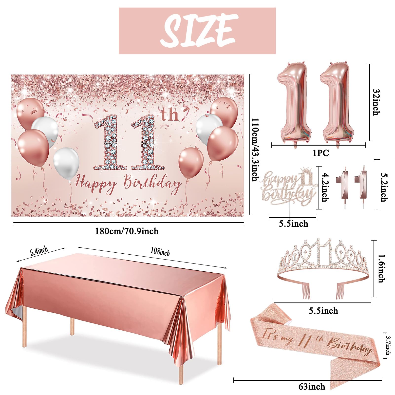 Trgowaul 11th Birthday Decorations Party Set for Girls, Rose Gold 11 Birthday Banner and Tablecloth, 11& Fabulous Sash and Tiara, 1PC Happy 11th Birthday Cake Topper, Pink Gold 11 Number Balloons