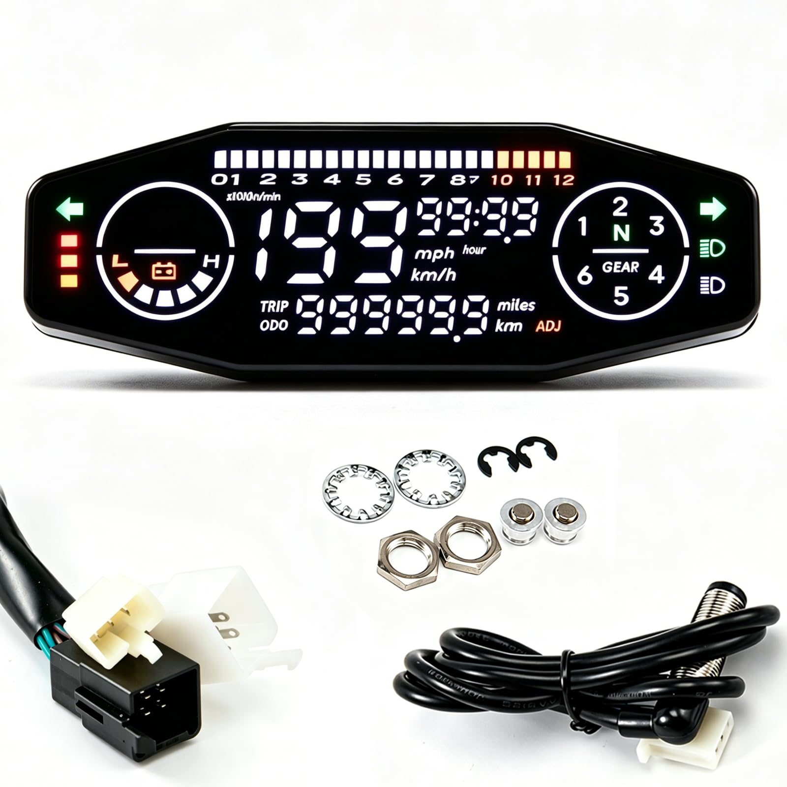 Compteur de vitesse universel pour moto APEBAZY avec rétroéclairage LED, compteur kilométrique numérique, capteur de vitesse et indicateur de rapport engagé