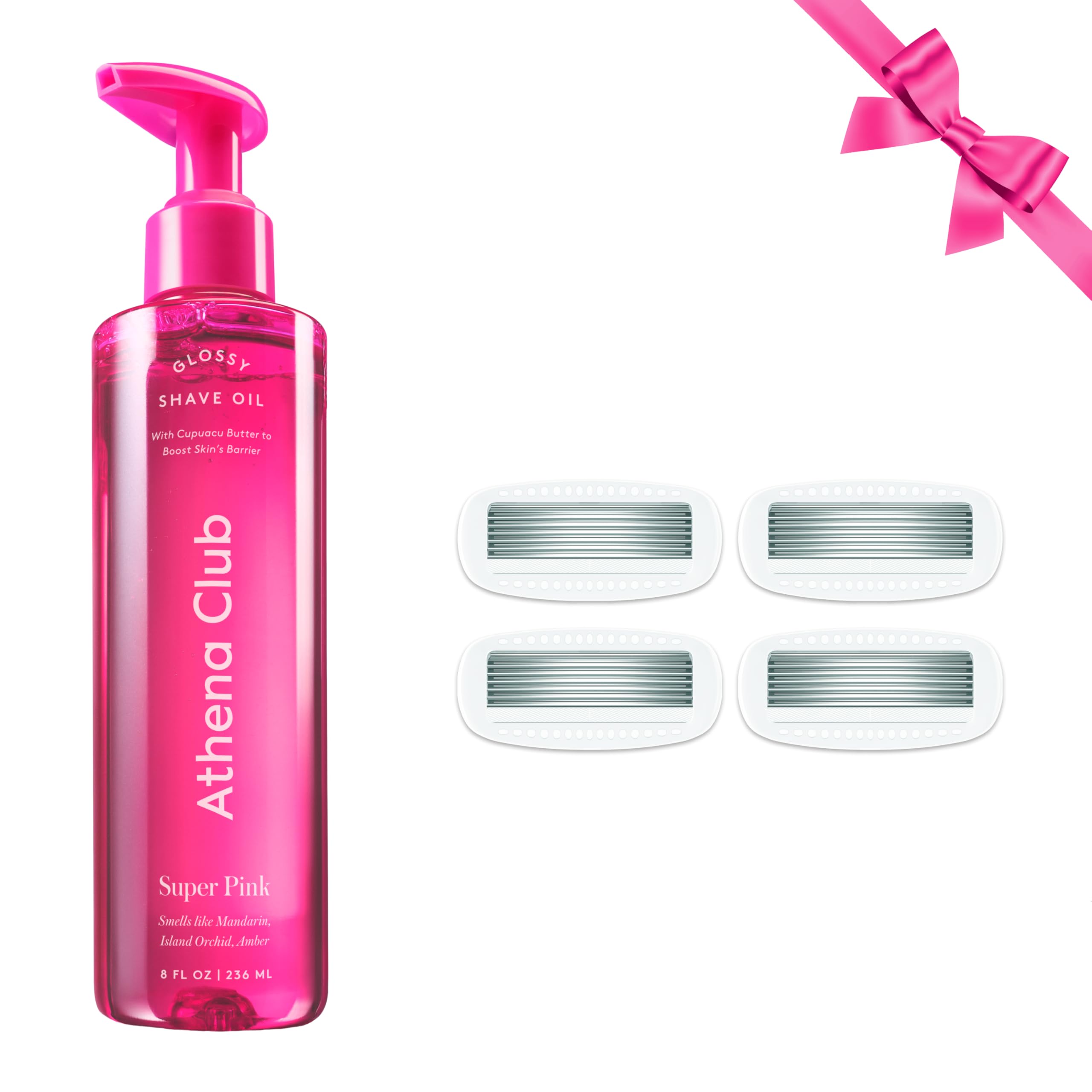 Athena Club Women's Shave Kit, Glossy Shave Oil, Super Pink + 4 Razor Blade Refills
