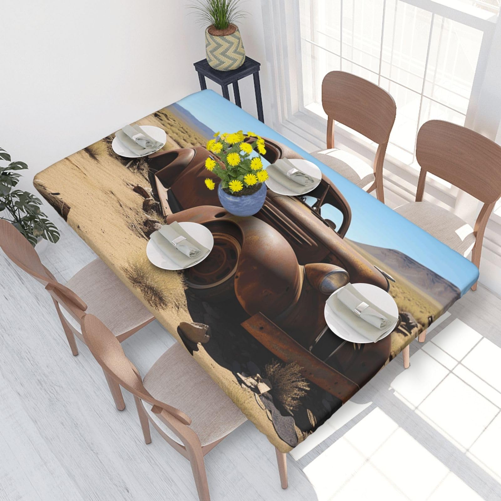 Wheels Abandoned In The Desert Waterproof Square Table Cover Elastic Fitted Tablecloth Oil Proof Table Protector For 4ft Table