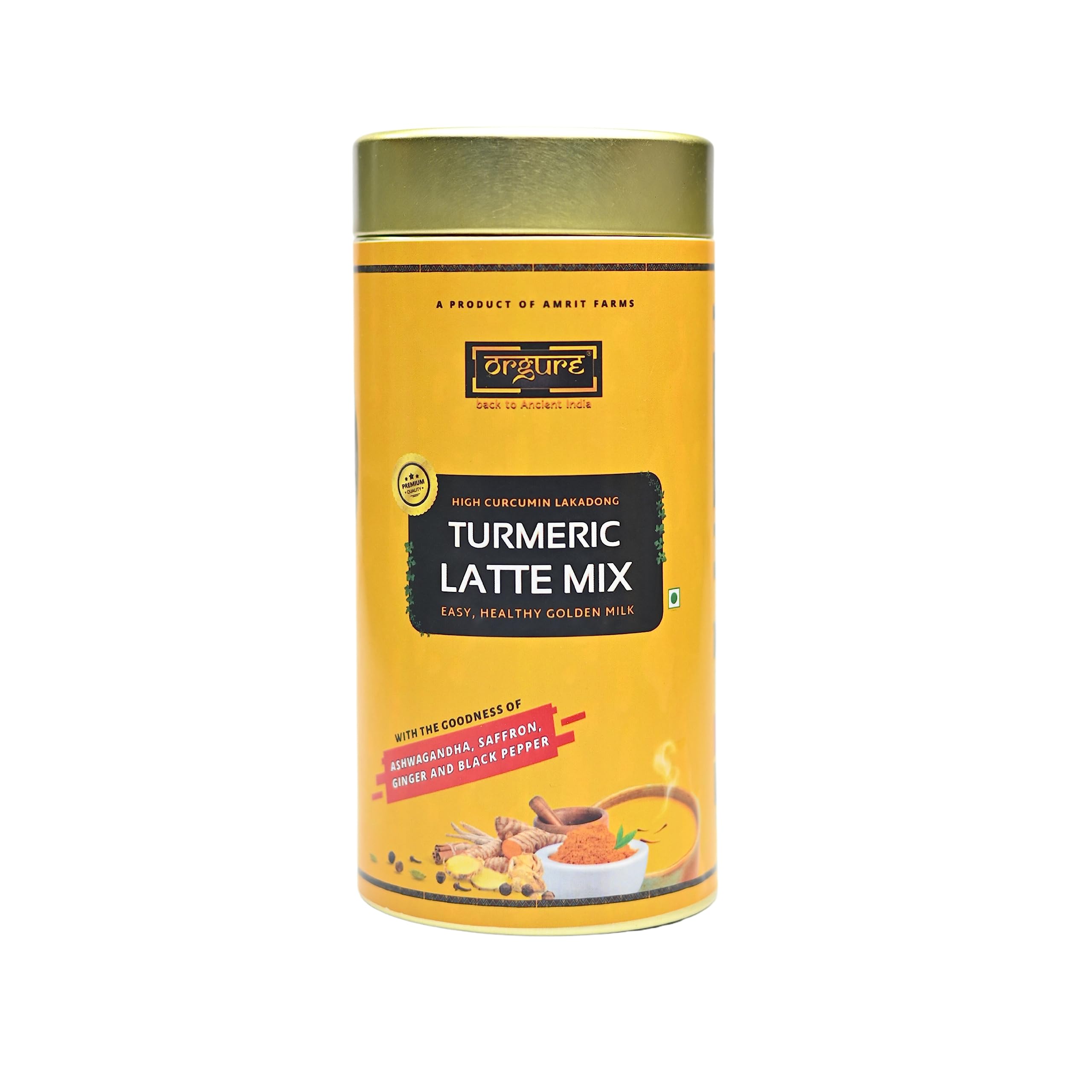 ORGURE - Lakadong Turmeric Latte Mix | Instant Haldi Doodh Premix | With Ashwagandha, Black Pepper, Ginger and Saffron | High Curcumin | Immunity Booster | Organic | Pack of 250Gm