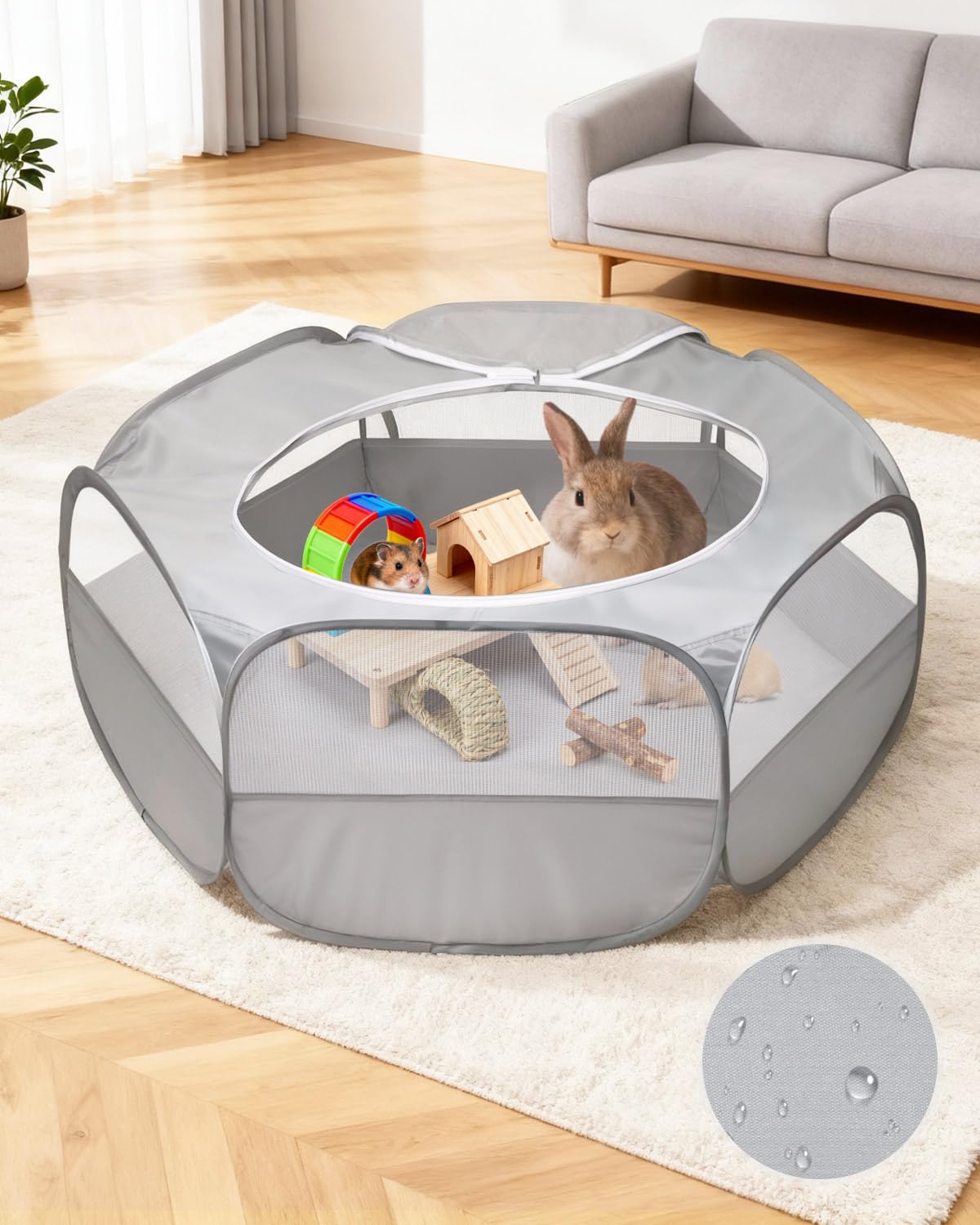 MAIKEHIGH Parque de Animales Pequeños, Impermeable Transpirable Ejercicio de la Portátil Tienda Animal Doméstico con Cubierta Cremallera de Indias Conejos Hámster Chinchillas Erizos (Gris)
