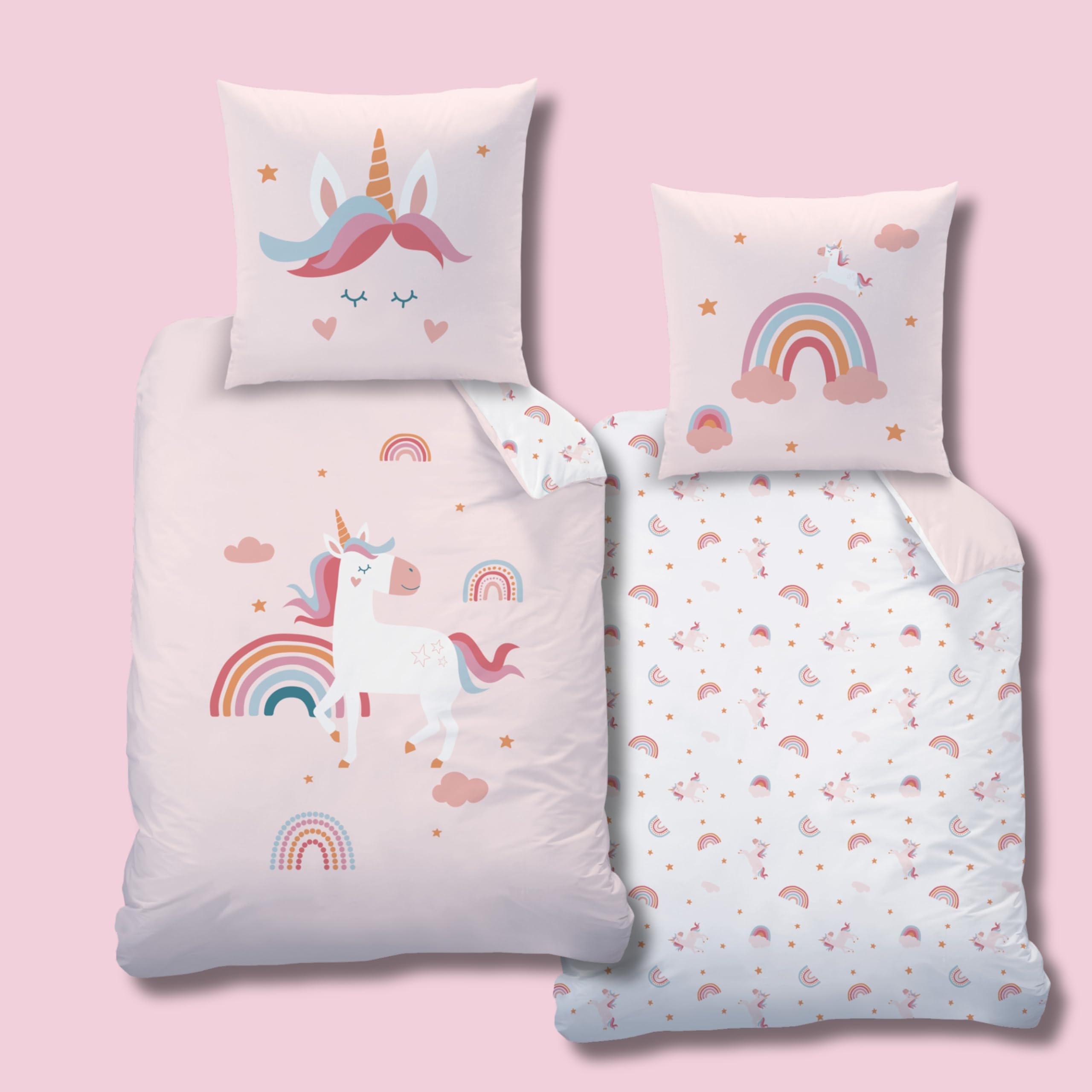 MTOnlinehandel Unicorn Bettwäsche Kinderbettwäsche Jugendbettwäsche 135x200 · Regenbogen Einhorn Emma · Wende Motiv · Kissenbezug 80x80 + Bettbezug 135x200 cm · 100% Baumwolle