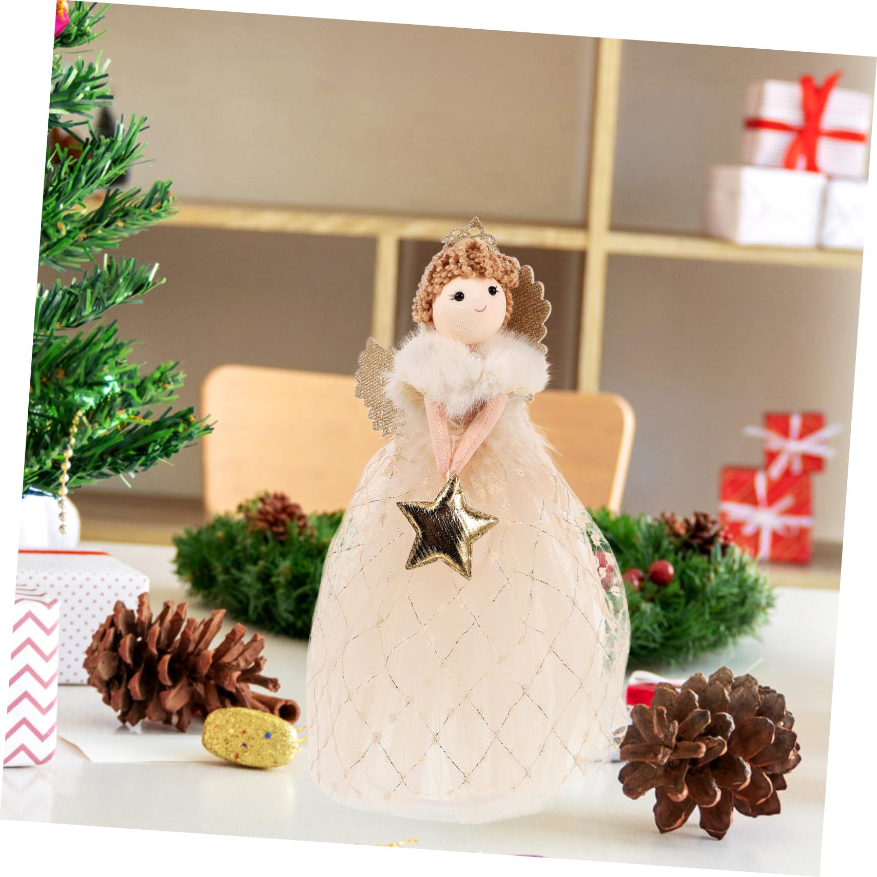 Adorno Topper De Árbol De Navidad Estrella Dorada, Figura Pequeña De Ángel Decorativa Tejido Flexible, para Uso Interior y Exterior, Decoración Navideña y Obsequio Festivo