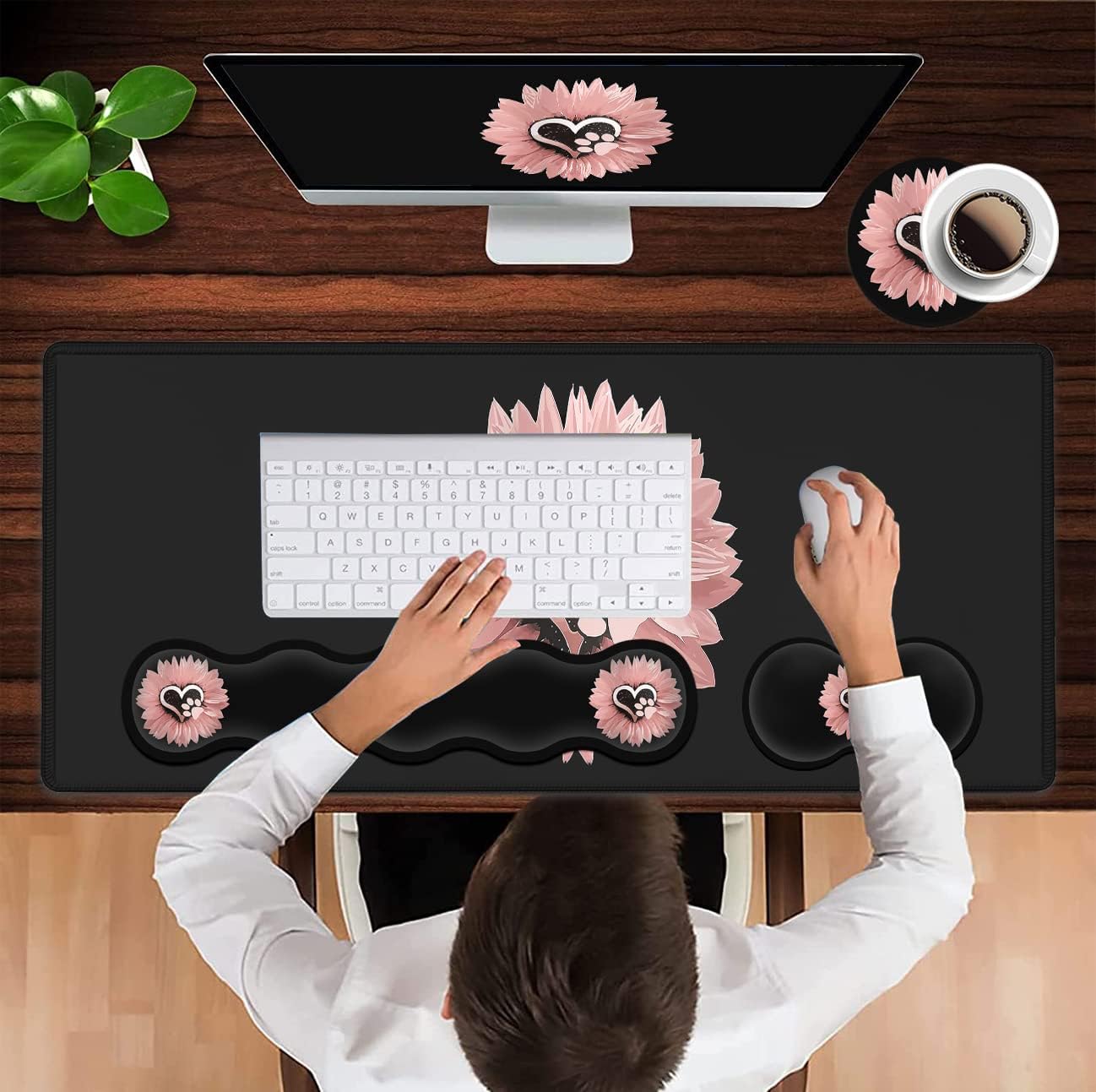 JVGFYNKL Memory Foam Keyboard Wrist Rest Support + Large Gaming Mouse Pad + Mouse Wrist Support Set, Extended Desk Pad with Stitched Edges 31.5''×11.8'', Cute Dog paw, Pink Flowers Black Desk Mat