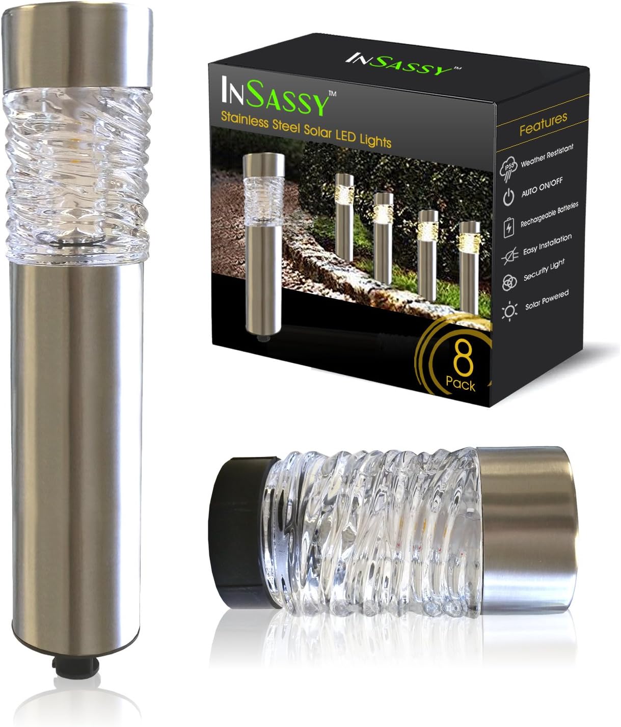 InSassy Solar Lights Outdoor - LED Solar Powered Waterproof Pathway Stake Lighting for Patio Yard Garden Lawn Driveway Walkway Pool - Glass Stainless Steel - Warm/Color Changing - 8 Pack Contempo