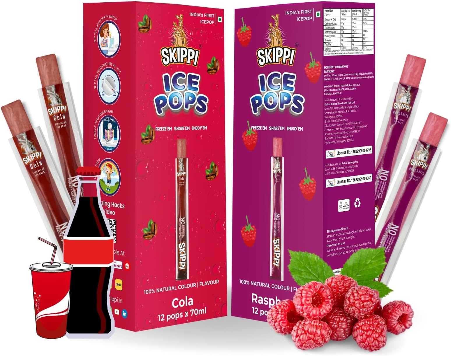 Skippi Ice Pops Freezer Pops, Juice Bars, Ice Pops - Cola & Raspberry Flavors (12+12 Pops Boxes) - 12 Gm