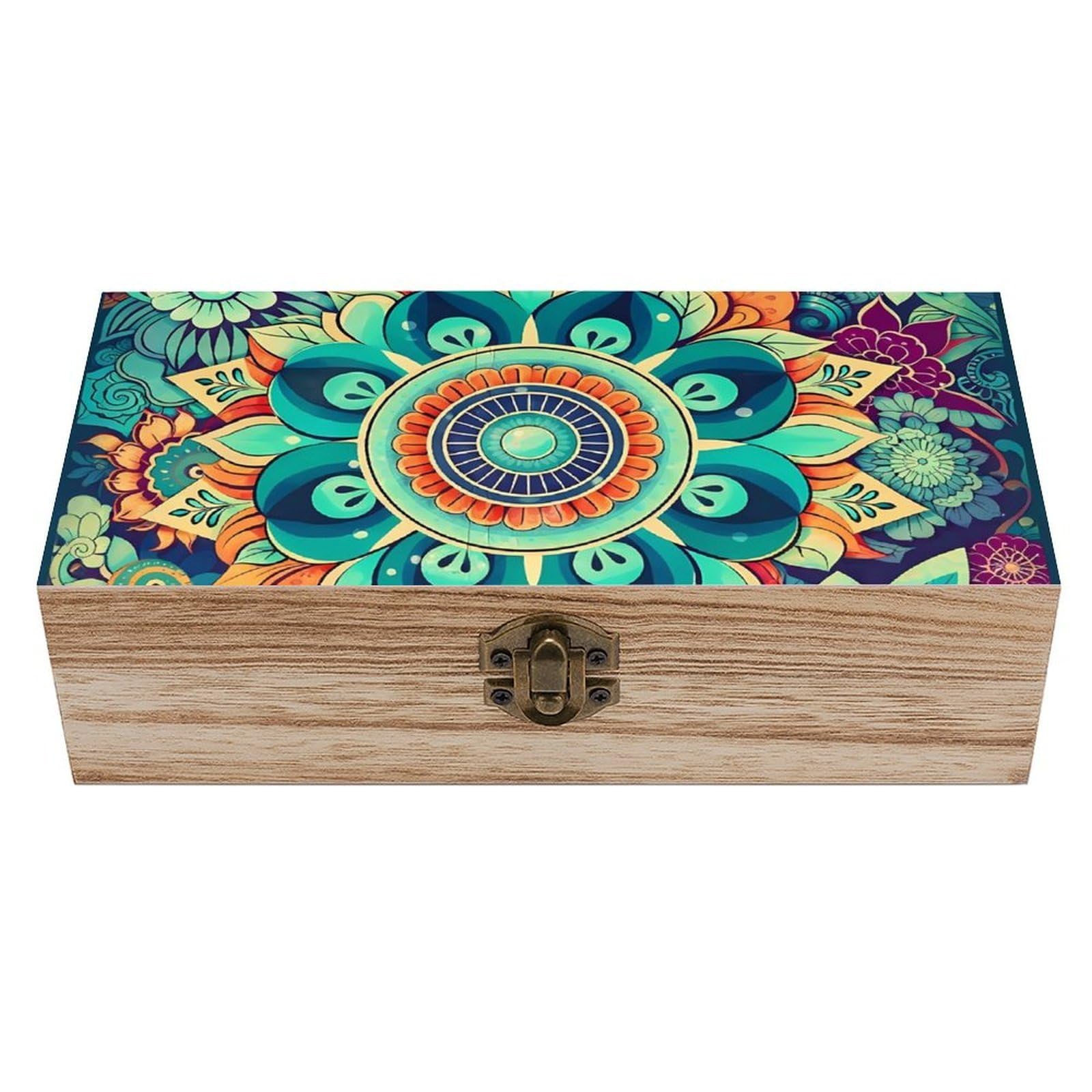 SMAZDFXX Color Mandala Flower Wooden Storage Box With Hinged Lid Decorative Front Clasp Keepsake Boxes