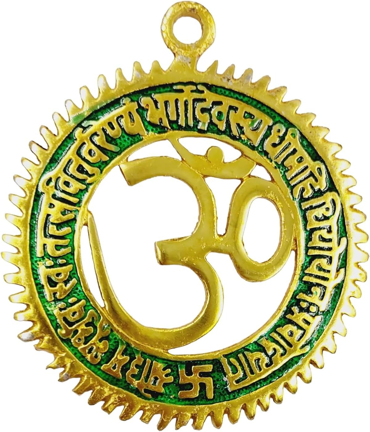 VRCT Metal Spiritual Om Wall Hanging With Written Gayatri Manta On It ( Golden ), 6 Inch