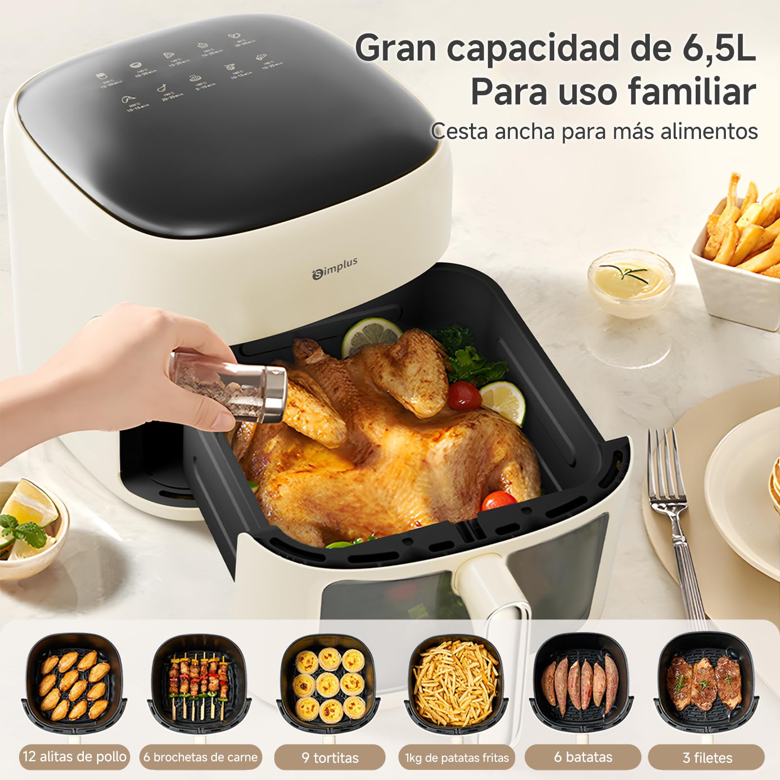 SIMPLUS Freidora de Aire Caliente 6,5L, Diseño Plano Grande Capacidad Sin Espacio, Ventana Visible + Pantalla Táctil, 10 Programas, Antiadherente, Ideal para Familias, Color Crema