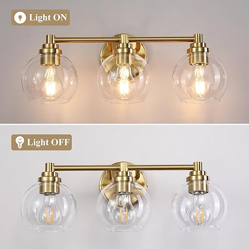 Miniatura 8 de Lámparas de baño de 3 luces, moderna lámpara de tocador con pantalla de cristal de globo, luces de baño doradas cepilladas sobre el espejo, luces de