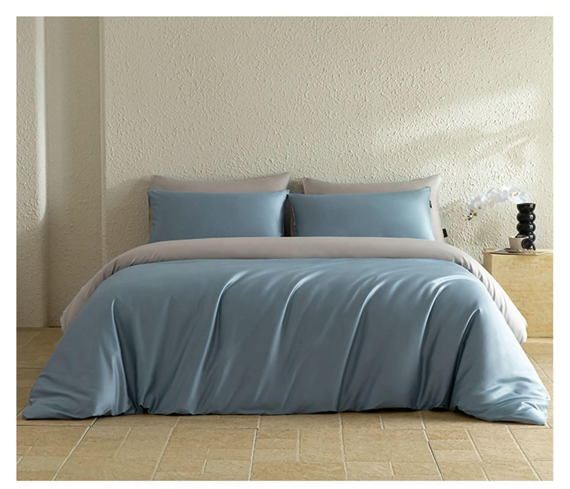 Zestaw pościeli 4 szt. w rozmiarze queen size, miękki zestaw pościeli, dwukolorowy jednolity kolor, 1 płaskie prześcieradło, 1 poszewka na kołdrę (221 cm x 239 cm) i 2 poszewki na poduszki