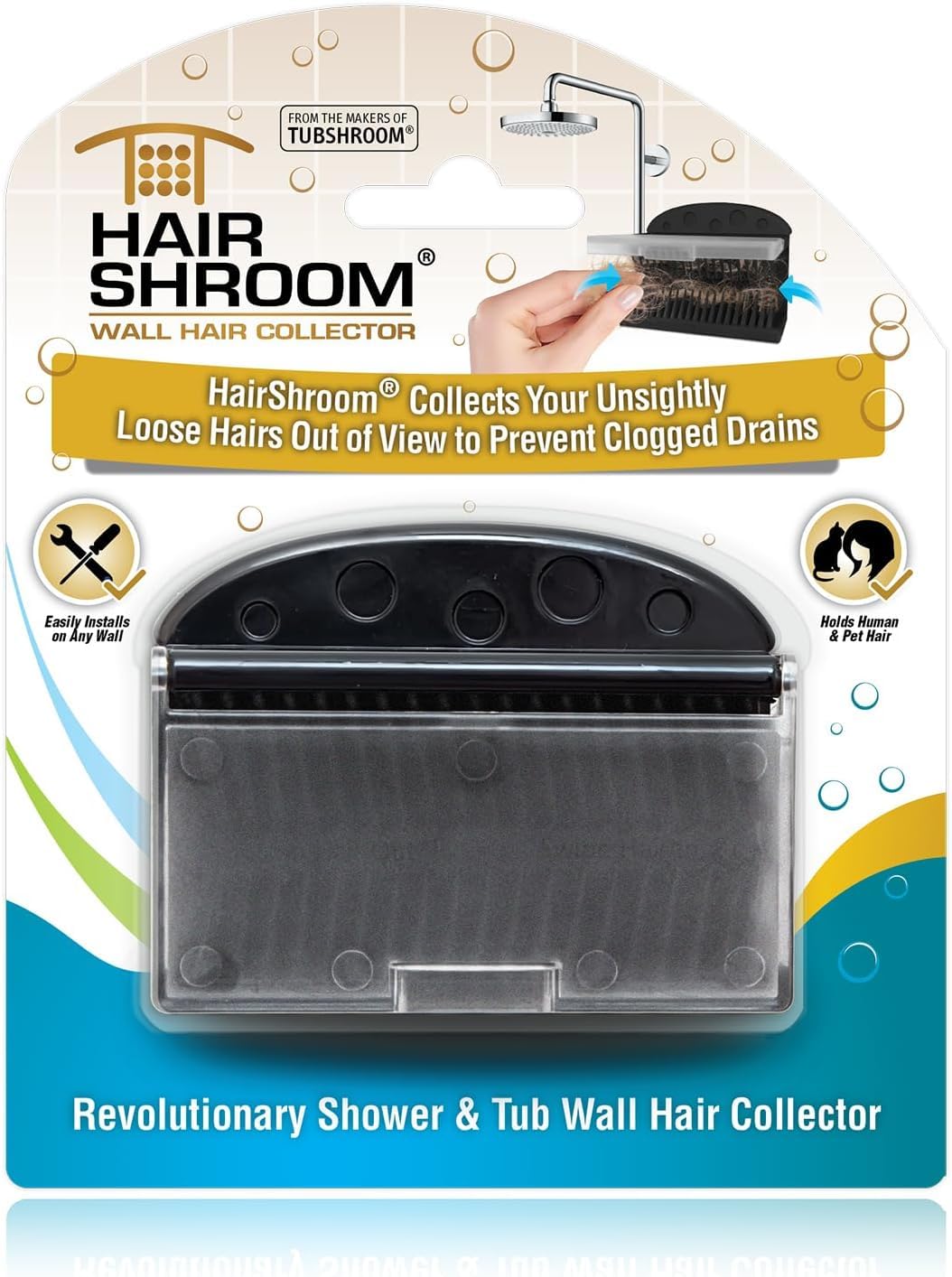 HairShroomReusable Shower & Bathtub Wall Hair Catcher Hair Grabber Snare for The Hidden Storage of Wet Hair to Prevent Clogged Drains, Black