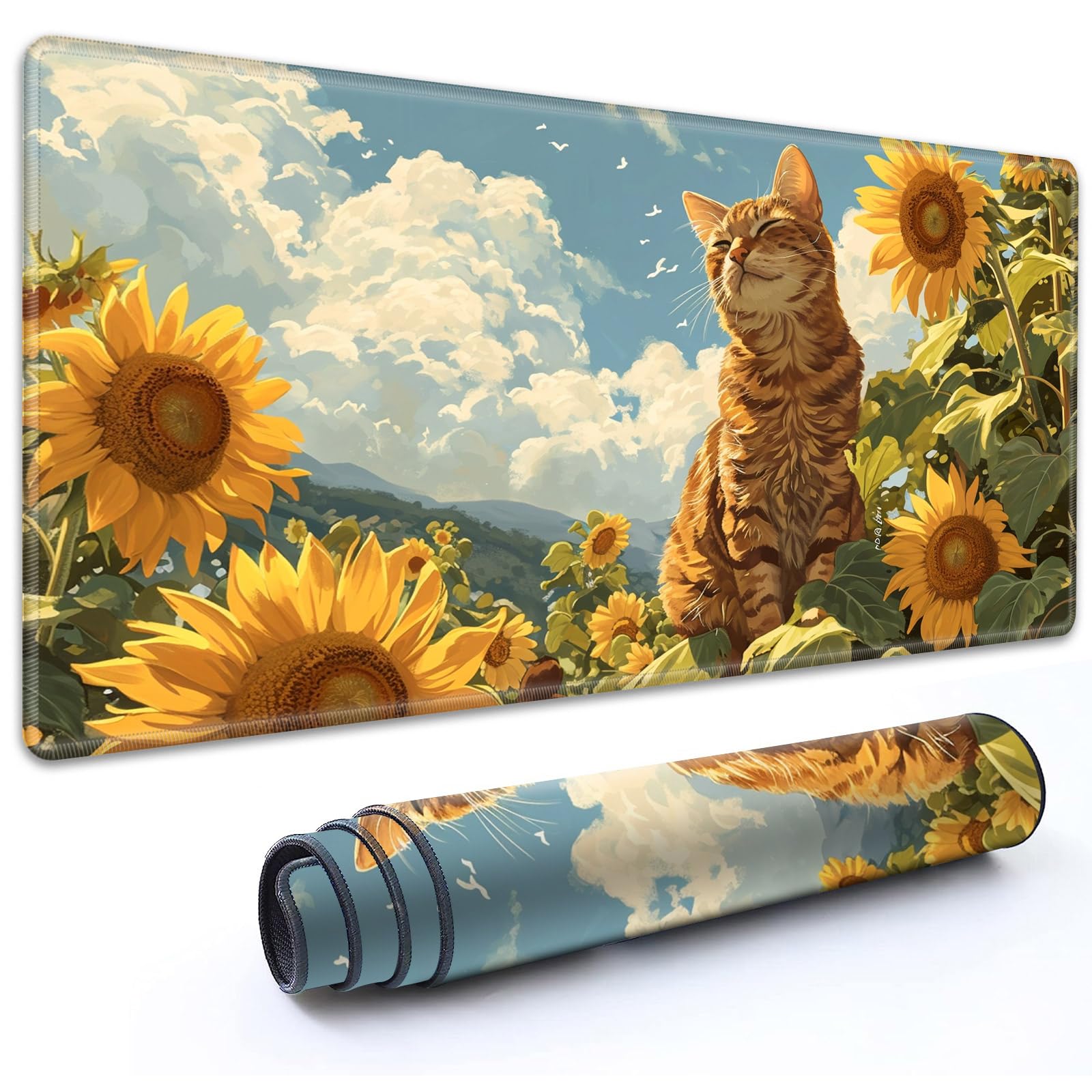 RMJKXQZG for MTG Playmat 35.5" x 19.7"(90cm x 50cm) with High Elastic Rubber Base Non-Slip Rubber Sole HD Printing for TCG Mat Magic Playmats MTG Game Mat, Orange Cat Golden Sunflower