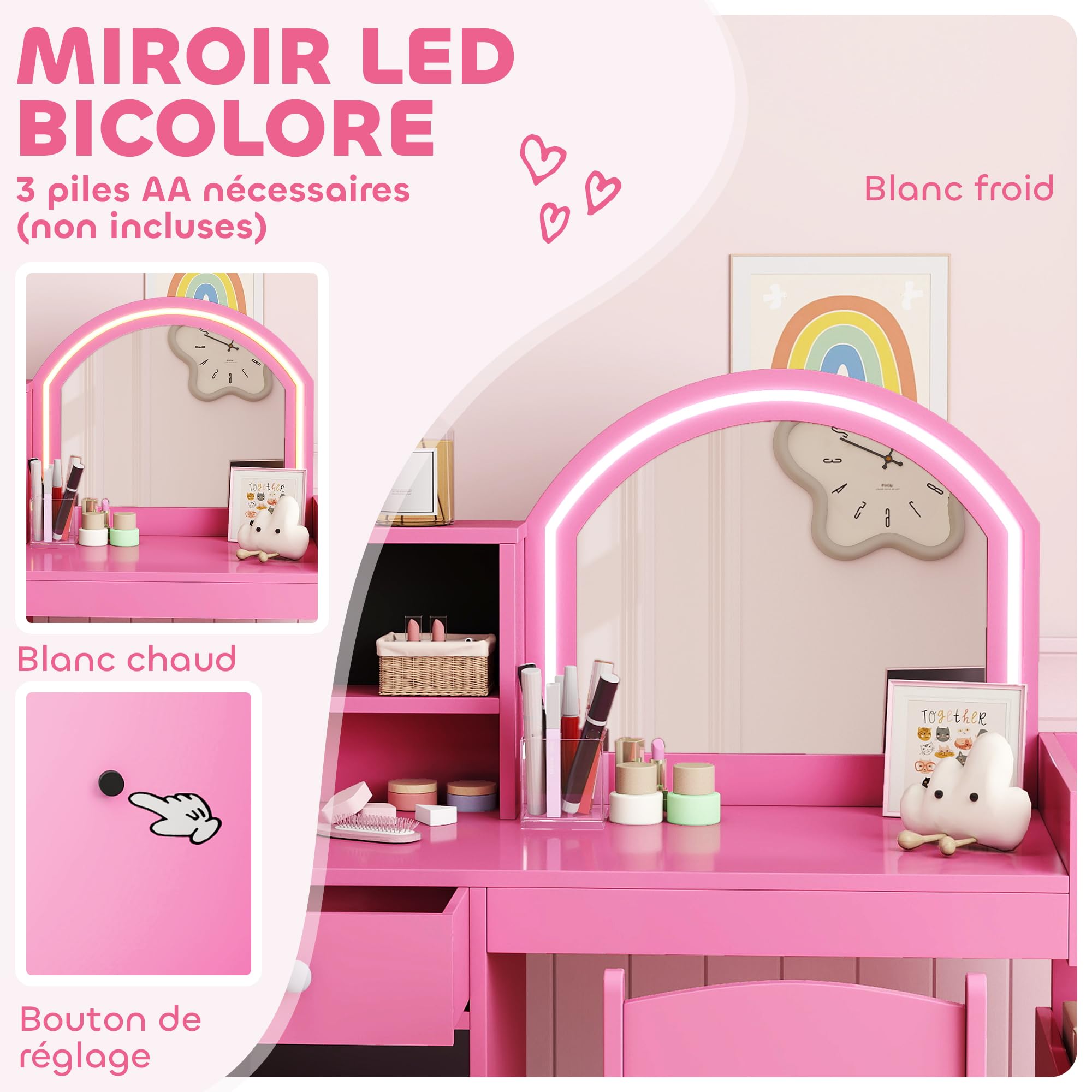 AIYAPLAY Coiffeuse pour Enfants avec Tabouret et Miroir LED, Coiffeuse Fille en Bois avec tiroir, Placard, 2 Compartiments Ouverts et 3 étagères, Table de Maquillage pour 3 à 8 Ans, Rose