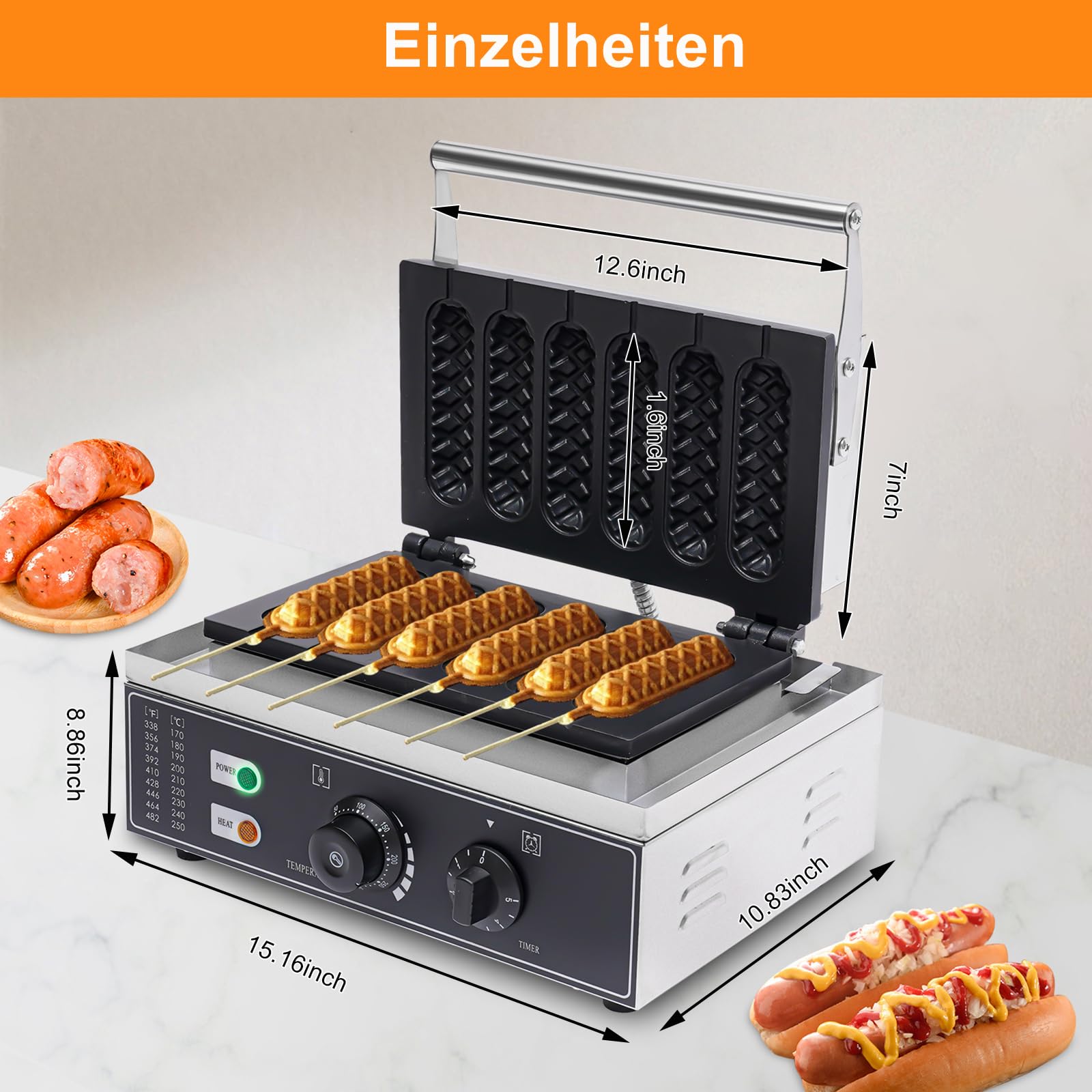 Gofrownica do gofrów, do 6 gofrów na trzonku, powłoka nieprzywierająca, lampa do pieczenia, podwójna gofrownica hot dog, gofry prostokątne, 1500 W, kukurydza