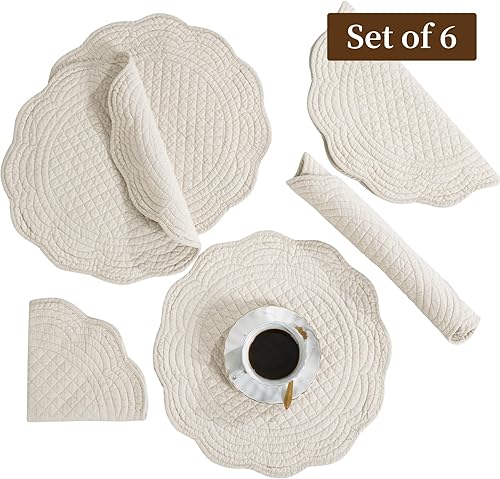 Miniatura 5 de BALAPET Juego de 6 manteles individuales acolchados 100% algodón de 14 pulgadas, estilo granja, mesa redonda reversible con bordes festoneados para