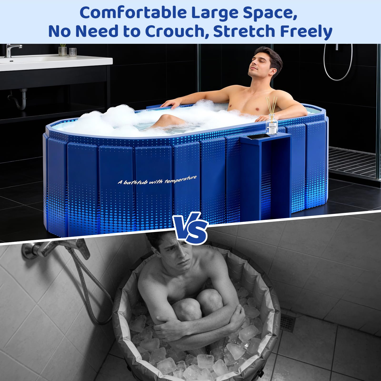 Bañera plegable portátil, bañera independiente sin instalación, bañera de baño de spa, ducha plegable para baño caliente y hielo (azul con estante de almacenamiento, 59 pulgadas de largo x