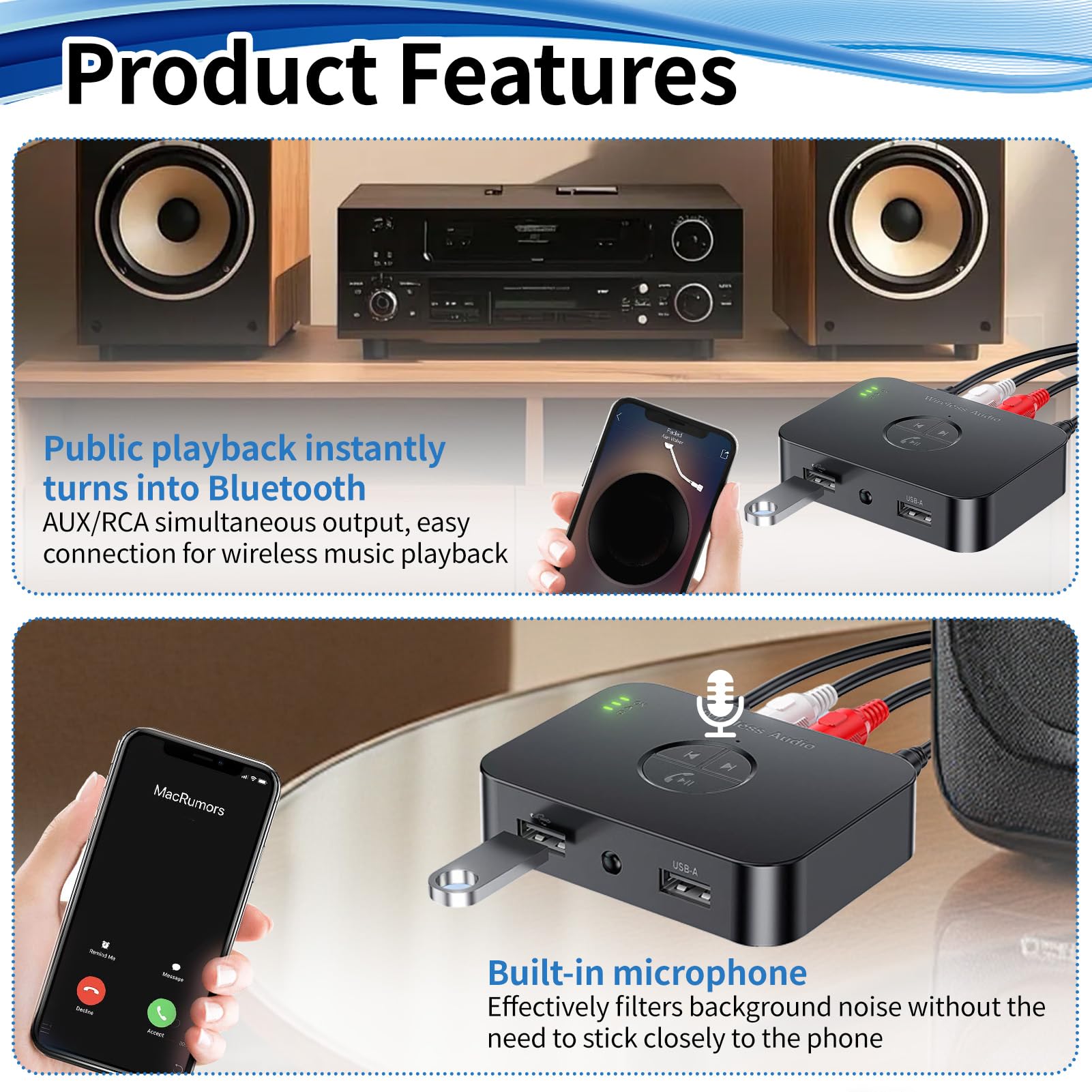 Receptor Bluetooth 6.0 HiFi, Adaptador Audio USB-C Bluetooth Inalámbrico con Jack 3.5 mm y 2RCA para Tablet Smartphone Coche Altavoz Stereo, Conexión Estable y Baja Latencia