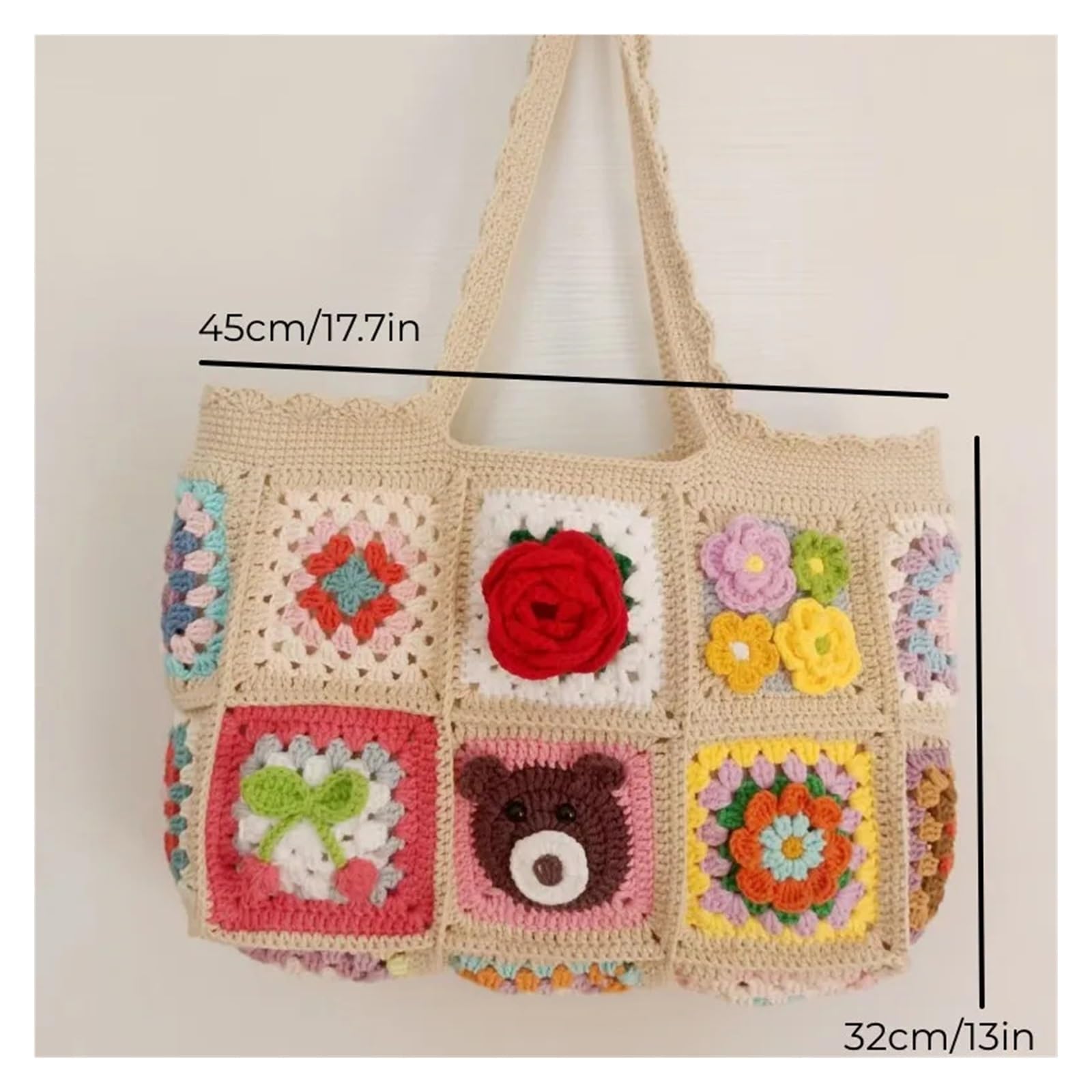 Bolso De Flores Tejido A Crochet Bolso de hombro grande con diseño de fresa y cereza de crochet, estilo vintage, hecho a mano, estilo granny square