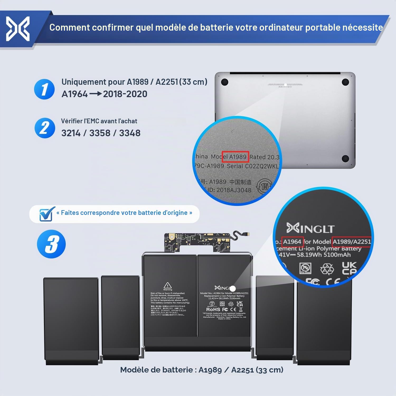 Batterie A1989/A2251 pour MacBook Pro Retina 13", remplace A1964