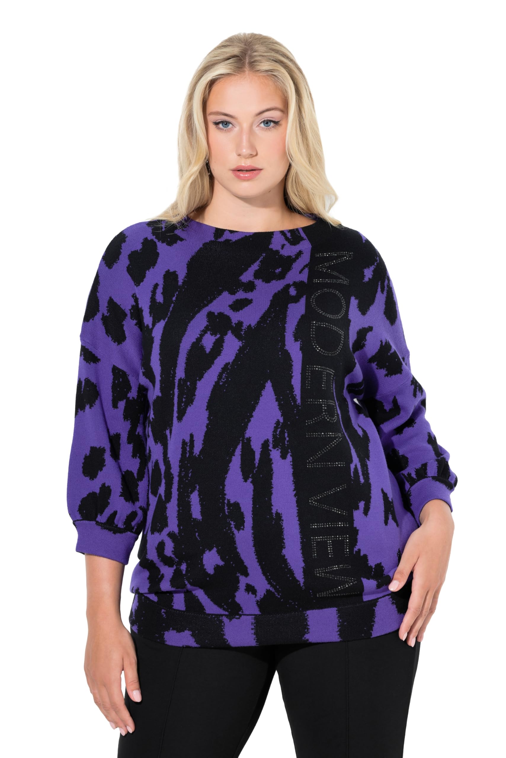 Ulla Popken Damen große Größen Übergrößen Plus Size Jacquard-Pullover, Animal, Stehkragen, 3/4-Arm 845394