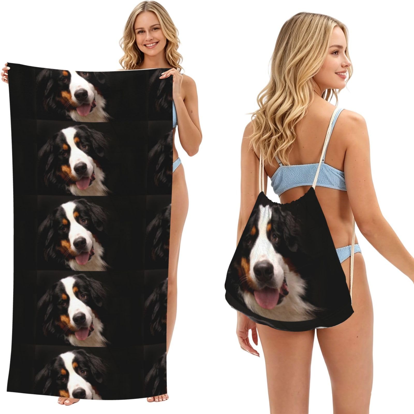 Poadnly As Picture Bernese Mountain Dog, 2 In 1 Packable Towel Bag, Beach Towels With Drawstring Backpack For Travel Holiday Camping