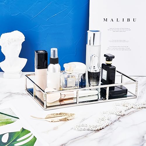 Miniatura 2 de PuTwo Bandeja de espejo de decoración de joyería de tocador de metal, organizador de perfume de vidrio para baño, mostrador, plata