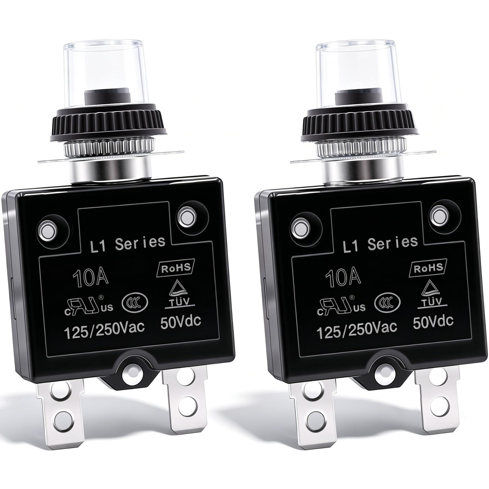 mxuteuk 2Pcs 25Amp Circuit Breakers Push Button Manual Reset 125/250V AC 50V DC, L1 Series Overload Protector Switch Thermal Circuit Breakers with Waterproof Button Caps L1-cj-25A — Amazon image 5