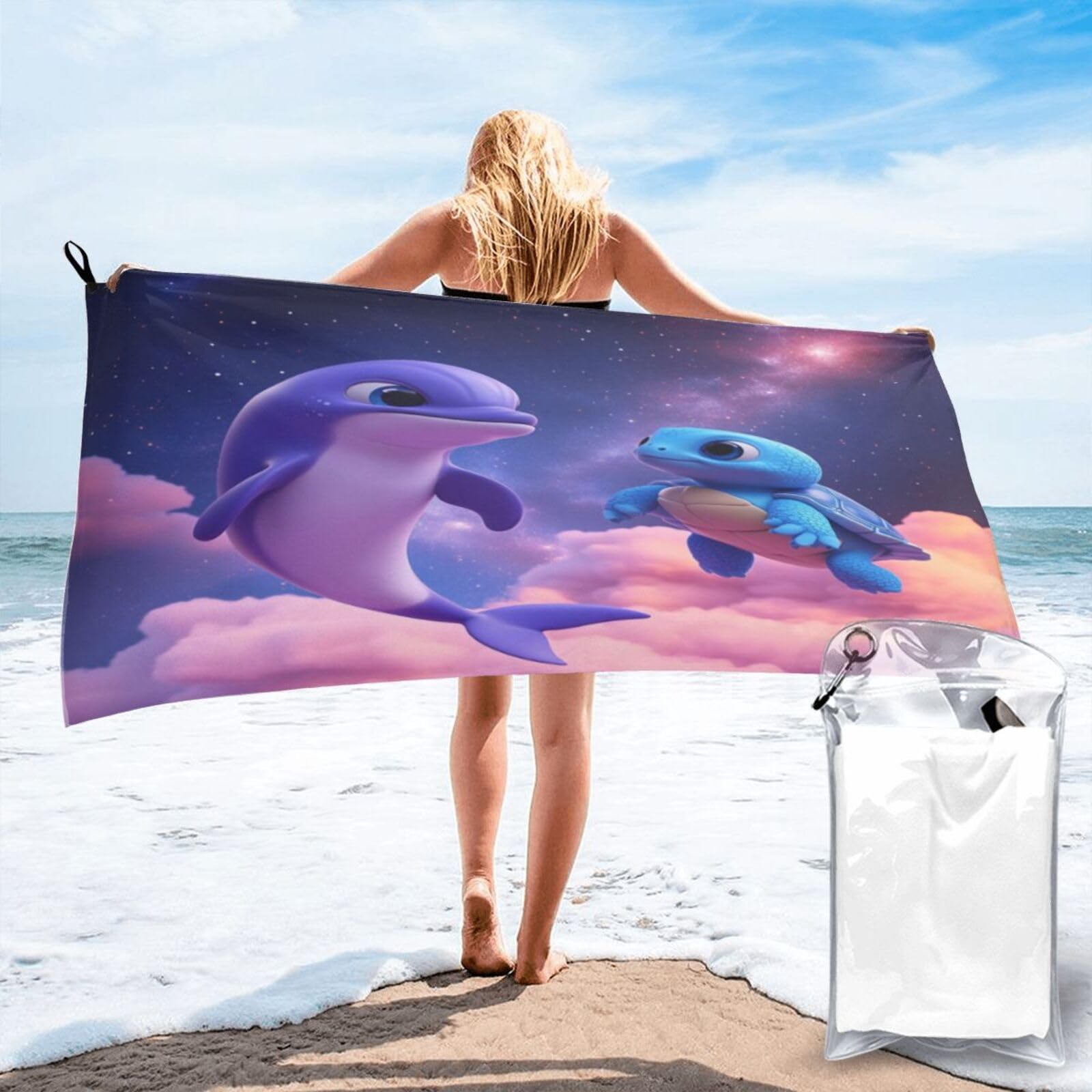Anceky Dreamy Cosmic Adventure Dolphin Turtle Friendship Quick Dry Microfiber Travel Towel with Carry Case and Carabiner 31.5"X63"
