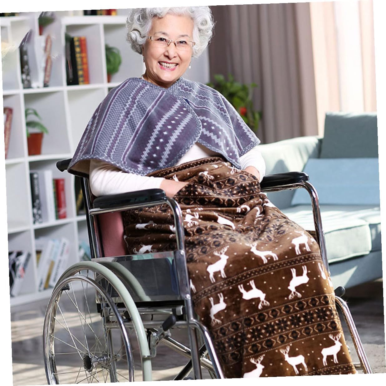 VICASKY Elderly Wheelchair Lap Blanket Warm Waist and Knee Fleece Throw Blanket Coffee Deer Pattern for Winter Care and Office Use